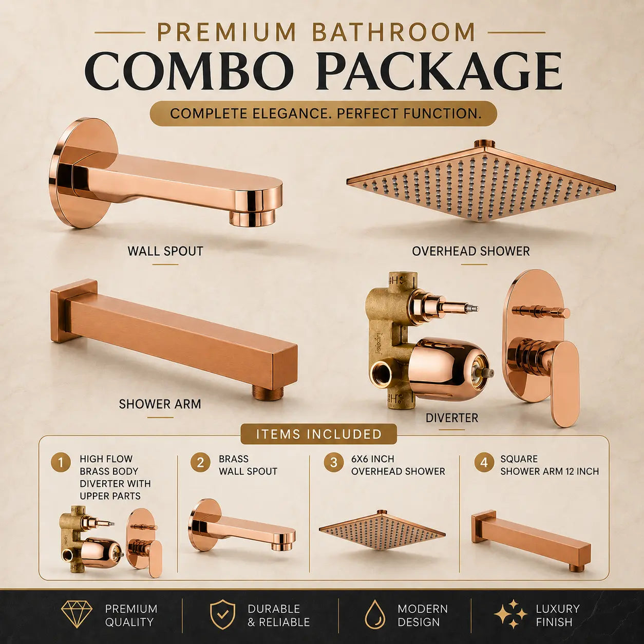 Rose Gold Shower Combo Set with Diverter & Spout