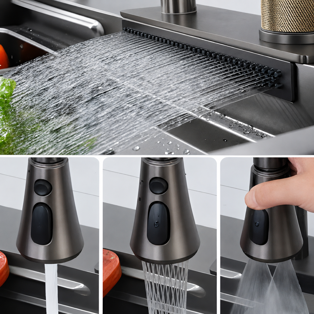 5 Button Up & Down Water Flow Kitchen Faucet with Waterfall & Digital Display JKS01004