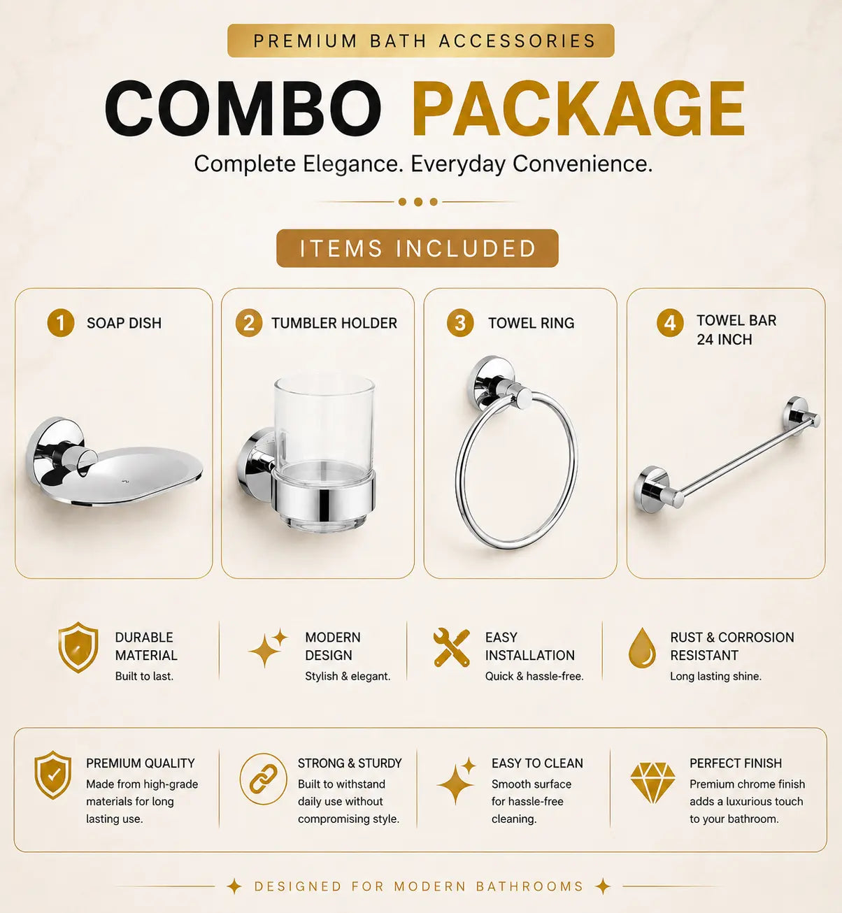 Premium Brass 4 Pcs Bathroom Accessories Combo Set