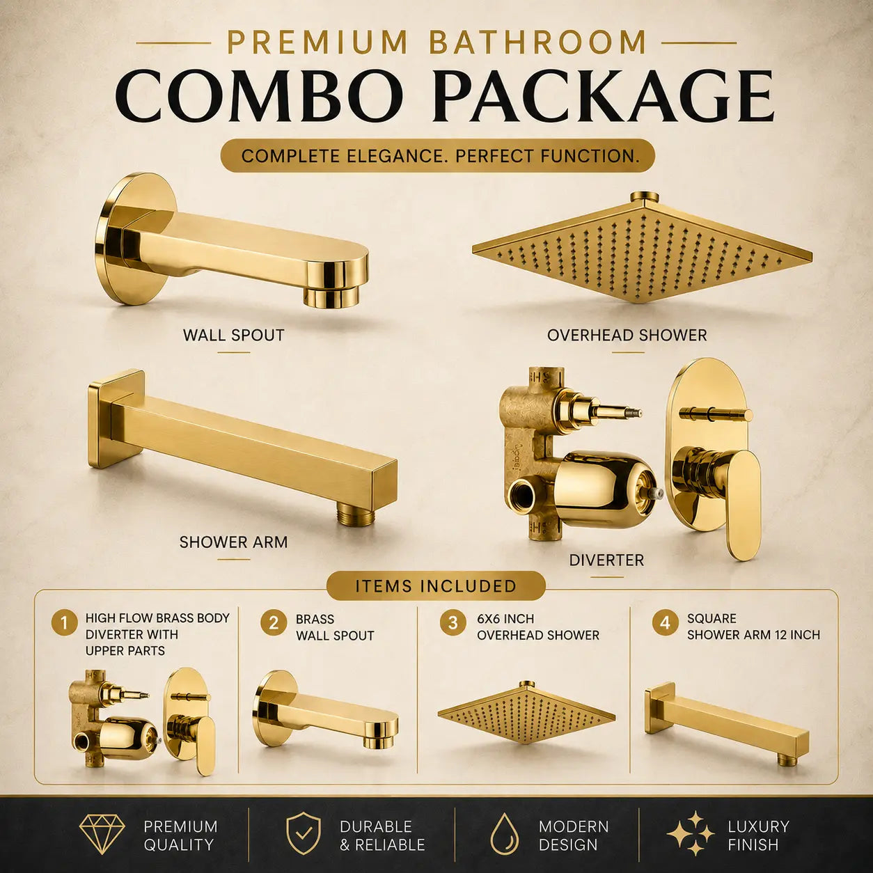 Gold Shower Combo Set with Diverter & Spout