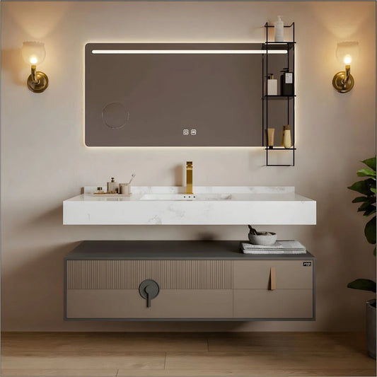 1200mm double-width grey bathroom vanity with sintered marble basin and LED mirror