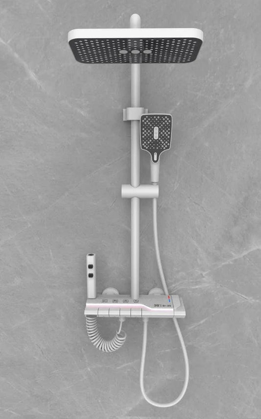 Heavy brass four function shower panel with digital temperature display in white finish, model JSS01010 by Jabon Bagno