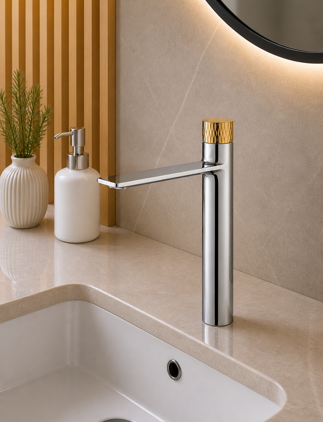 Cureo single lever basin mixer tap with tall spout in a combined chrome and gold finish, model CU01031 by Jabon Bagno