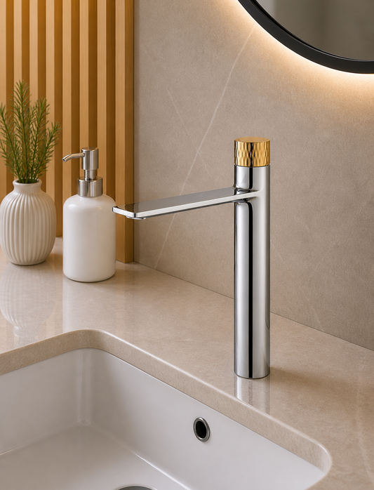 Cureo single lever basin mixer tap with tall spout in a combined chrome and gold finish, model CU01031 by Jabon Bagno