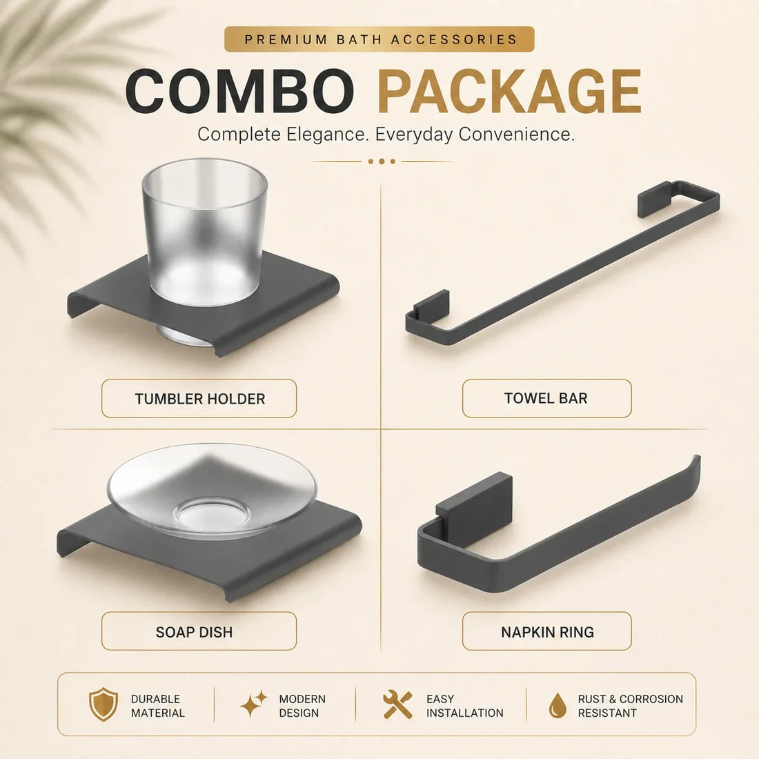 Four-piece SS 304 stainless steel bathroom accessories set in matte black finish by Jabon Bagno