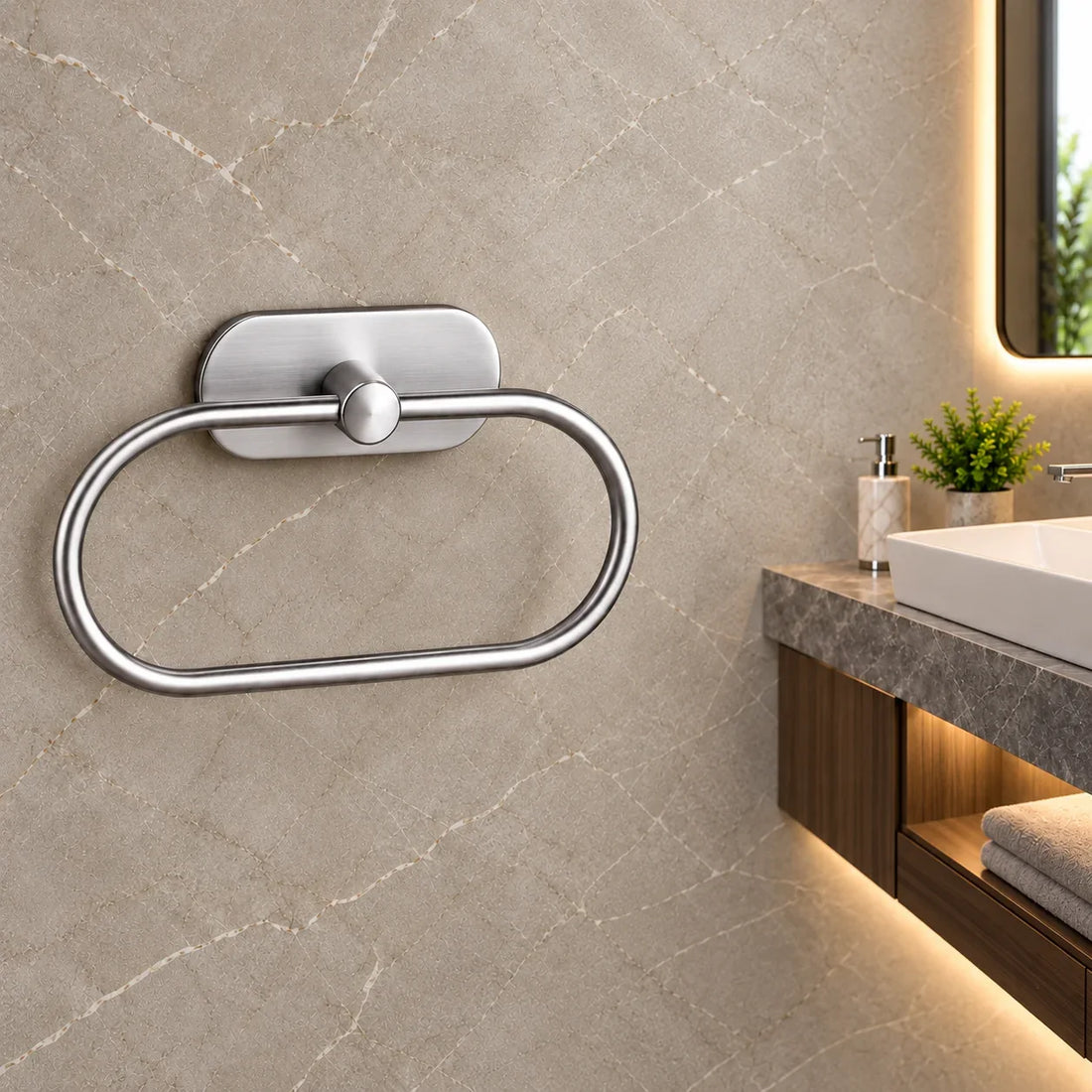 AIN002 self-adhesive capsule towel ring in chrome, a no-drill bathroom fitting by Jabon Bagno