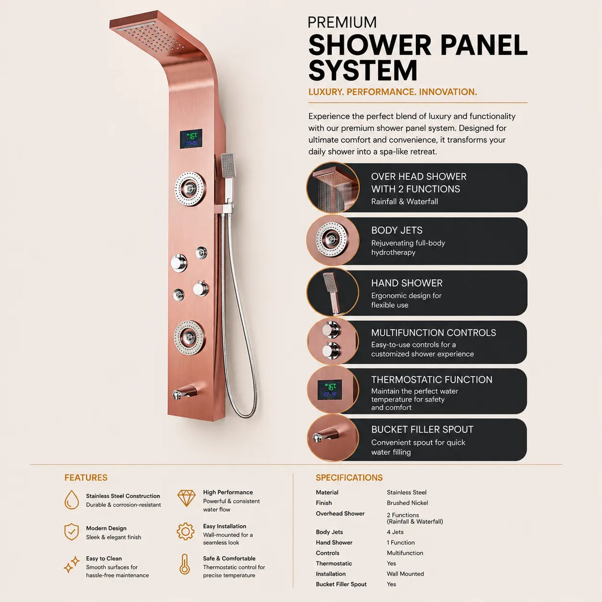 Rose gold 304 steel 6 in 1 shower panel tower JSP01001RG, alternate view