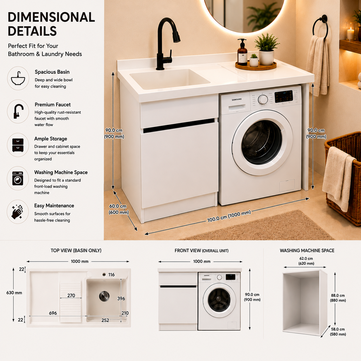 Laundry Sink 100cm With Cabinet | 1000x630mm JLKS1001A