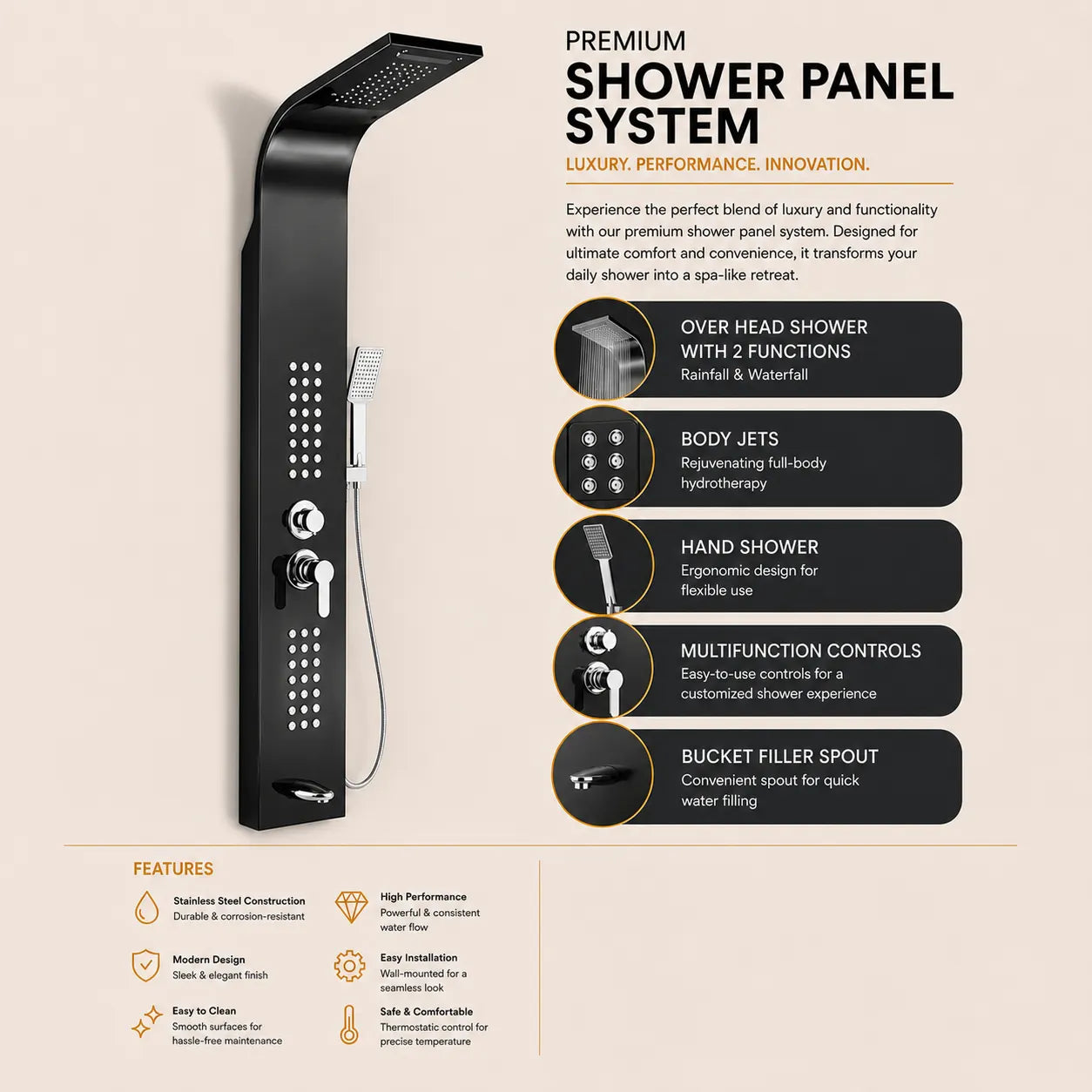 5-in-1 Shower Panel Tower System with Rainfall & Body Jets - JSP01002