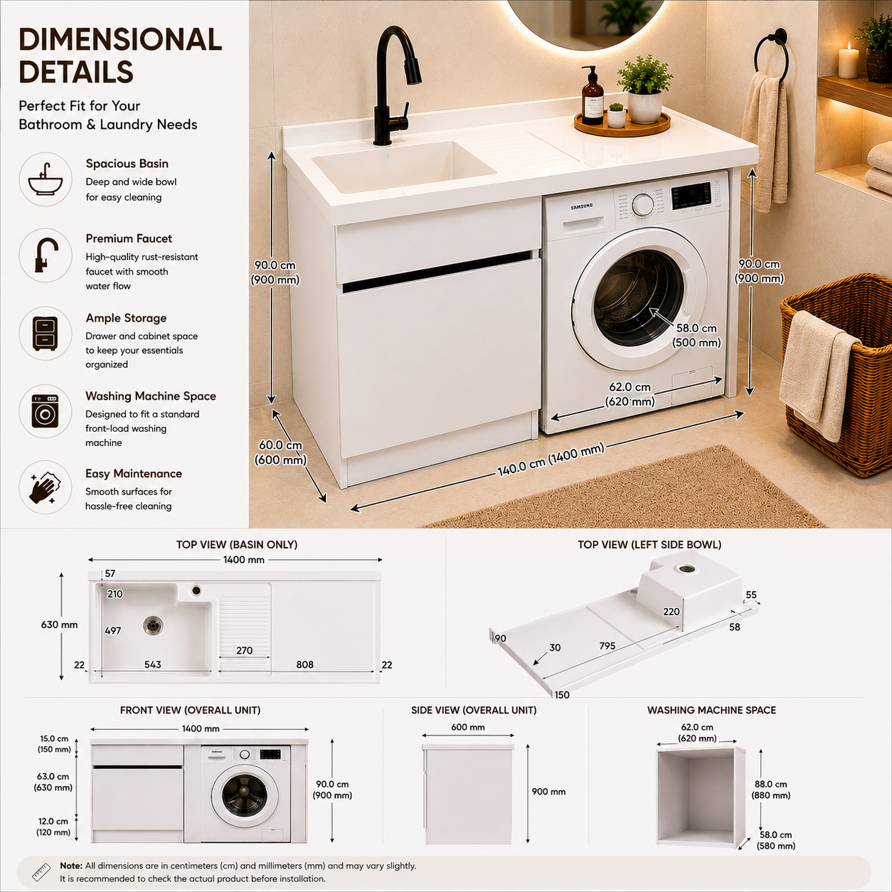 Laundry Sink 140cm With Cabinet | 1400x630mm JLKS1001C