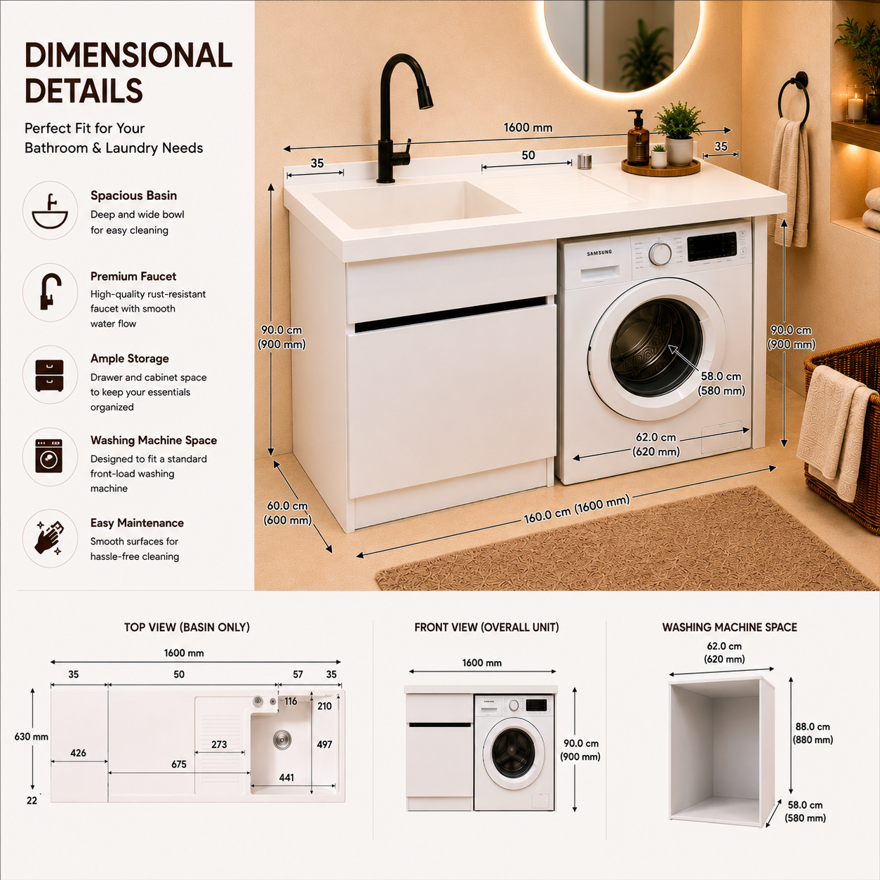 Laundry Sink 160cm With Cabinet | 1600x630mm JLKS1001D