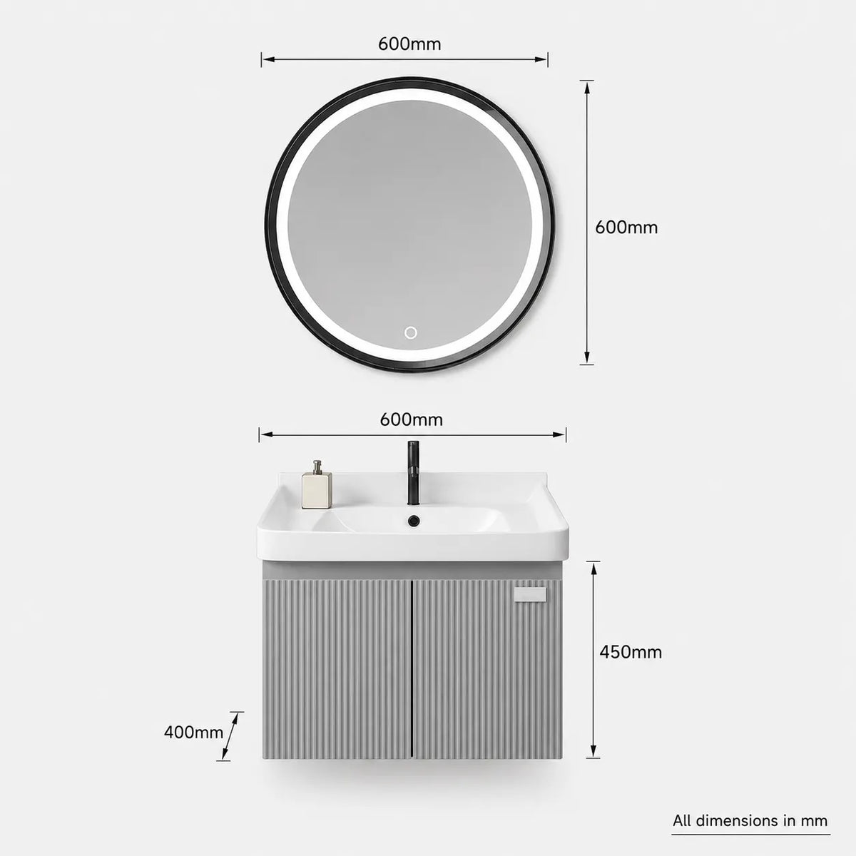 Grey PVC bathroom vanity JBV01027 with square mirror, second alternate view