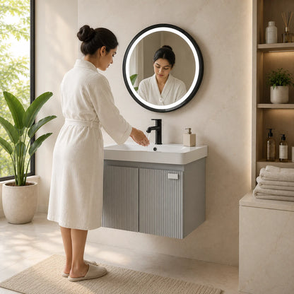 Grey PVC bathroom vanity JBV01027 with square mirror, alternate view