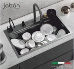 Handmade Kitchen Sink with Waterfall Faucet Full Set – Black 30x18x9 Inch JKS01007