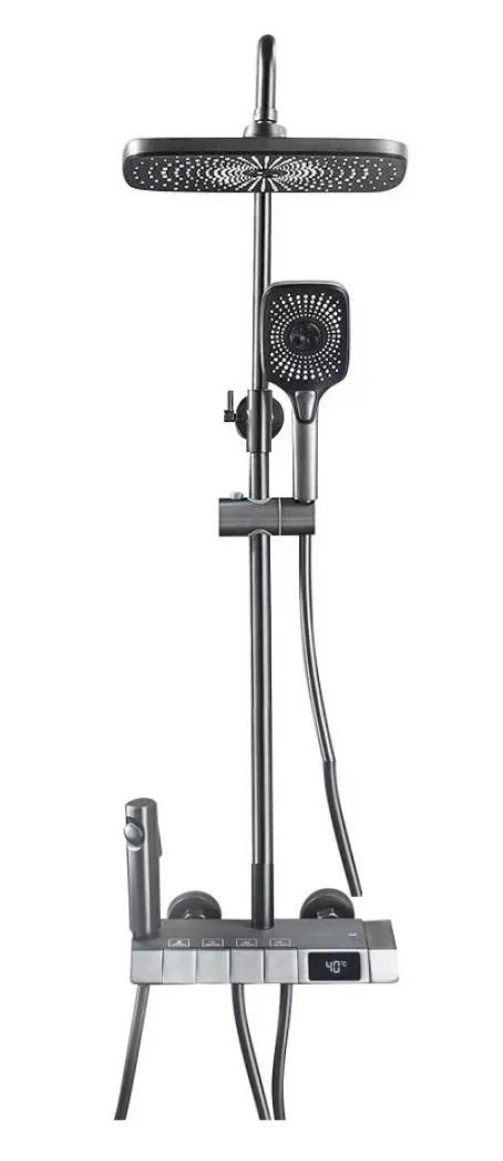 Lead-free brass 4 way shower set with temperature display in graphite, JSS01005, by Jabon Bagno