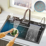 5 Button Piano Kitchen Sink with Waterfall Faucet & Digital Display – 30x18 Inch JKS01003