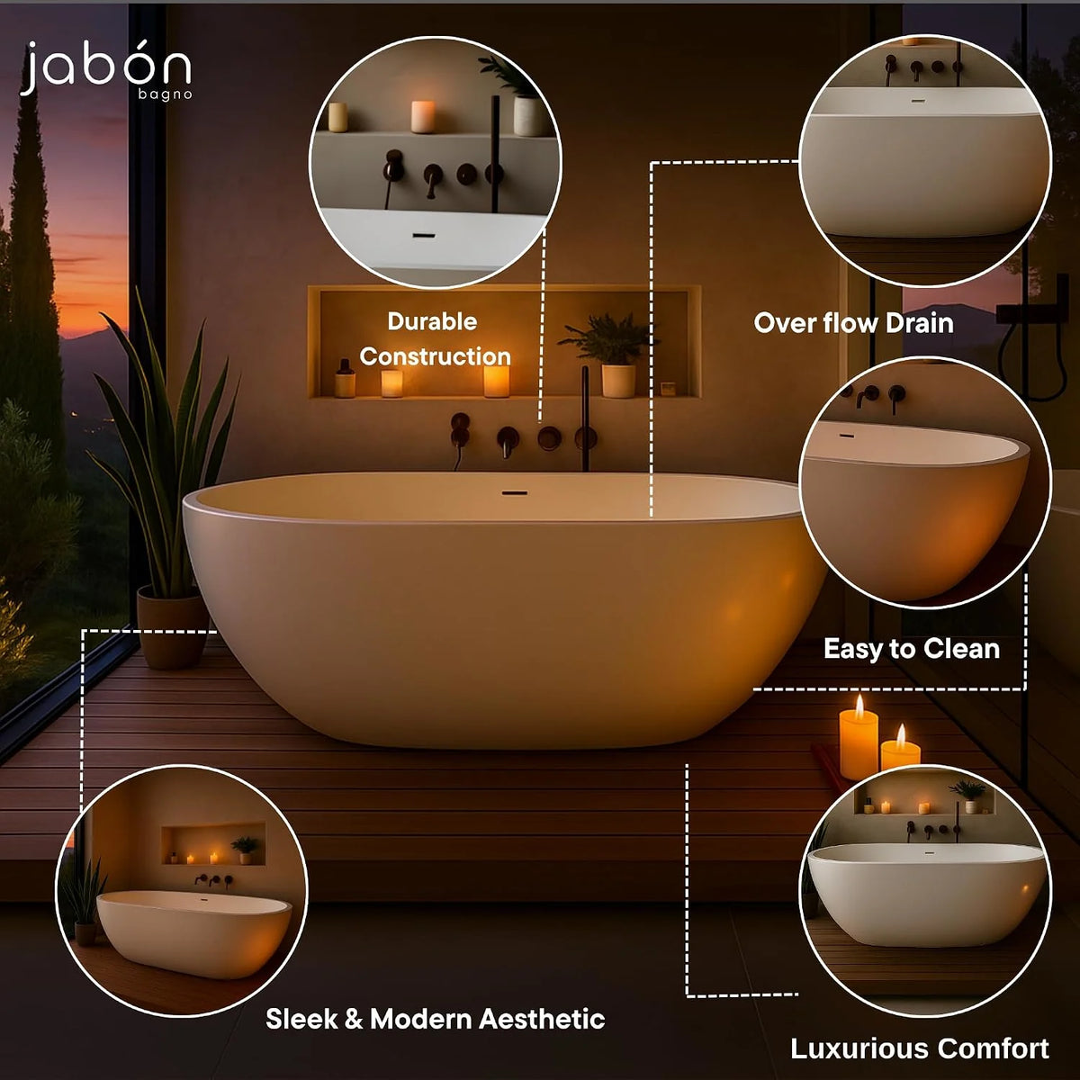 SATURN Freestanding Bathtub – White Glossy Acrylic, 150 & 170 cm | JBT01003P