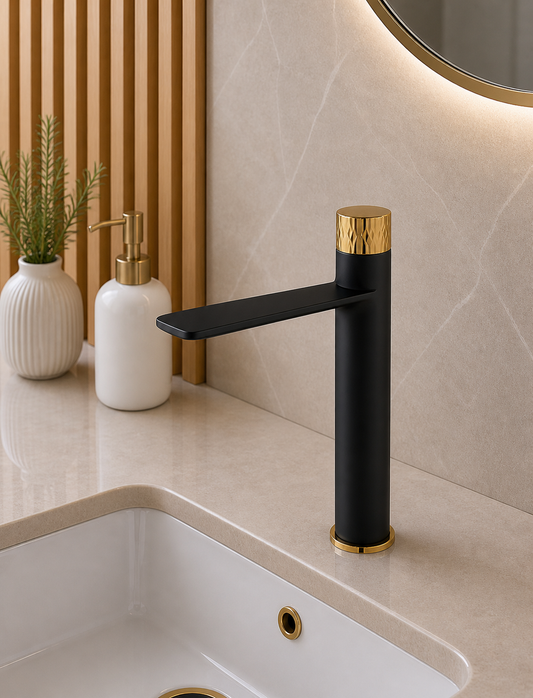 Cureo Single Lever Basin Mixture Tall Gold & Black CU01030