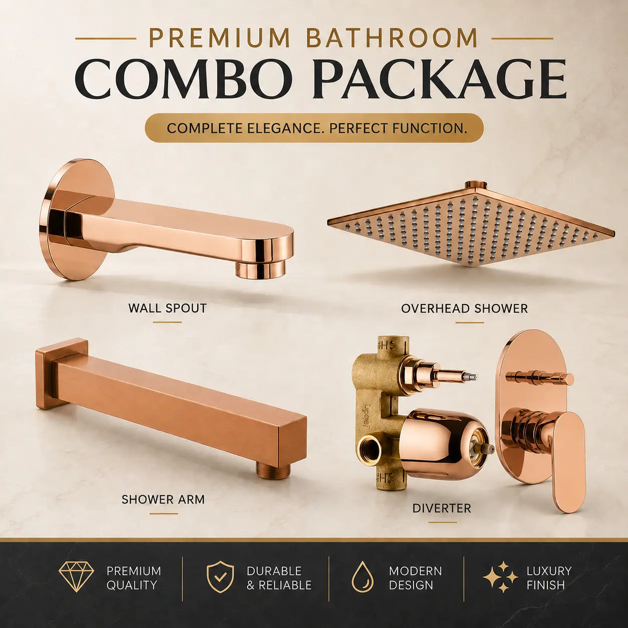 Rose Gold Shower Combo Set with Diverter & Spout
