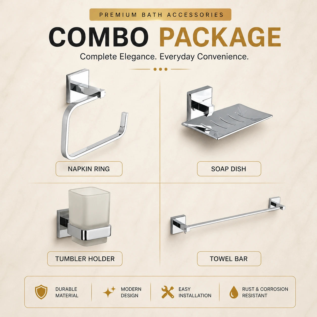 Full Brass 4 Pcs Bathroom Accessories Combo Set