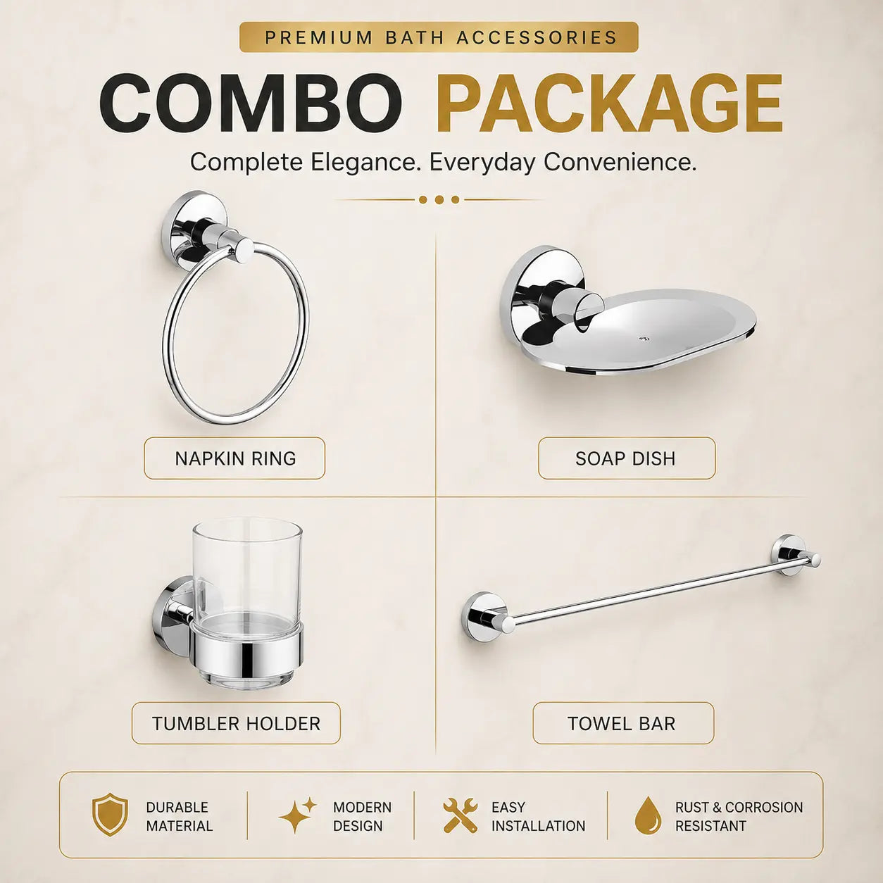 Premium Brass 4 Pcs Bathroom Accessories Combo Set