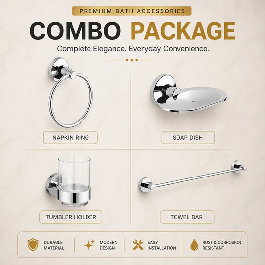 Premium Brass 4 Pcs Bathroom Accessories Combo Set Chrome Finish