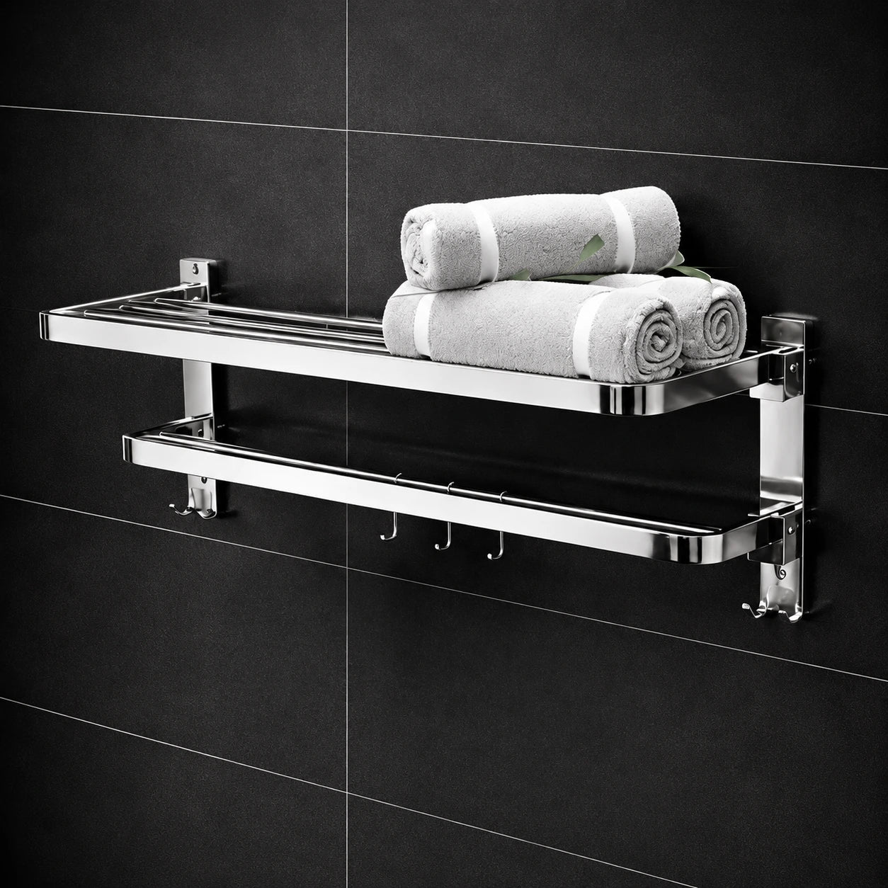 Folding Towel Rack with Adjustable Hooks – SS 304