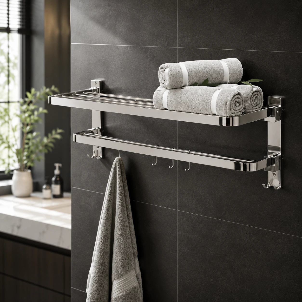 Folding Towel Rack with Adjustable Hooks – SS 304