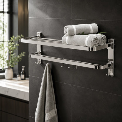 Folding Towel Rack with Adjustable Hooks – SS 304