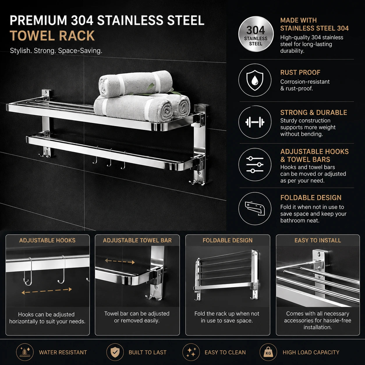 Folding Towel Rack with Adjustable Hooks – SS 304