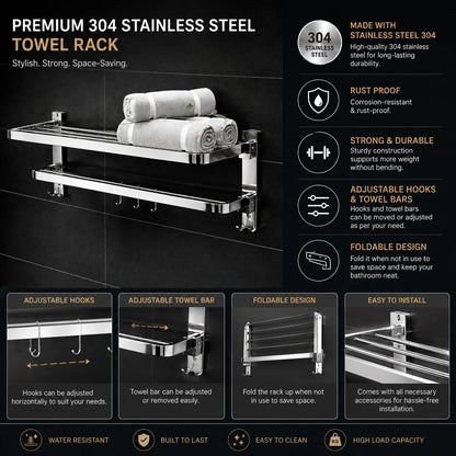 Folding Towel Rack with Adjustable Hooks – SS 304