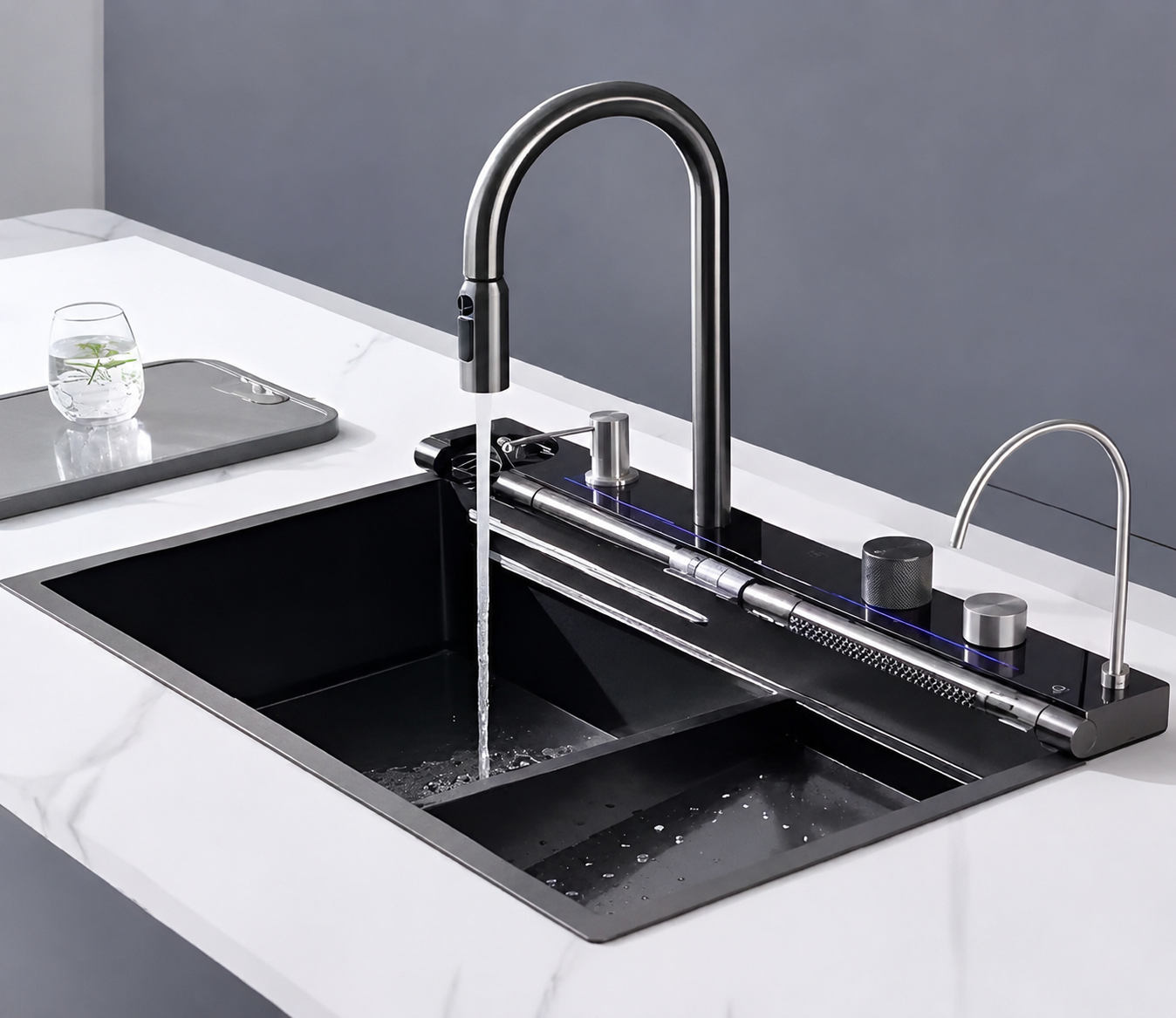5 Button Up & Down Water Flow Kitchen Faucet with Waterfall & Digital Display JKS01004