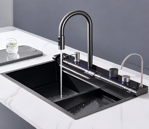 5 Button Up & Down Water Flow Kitchen Faucet with Waterfall & Digital Display JKS01004