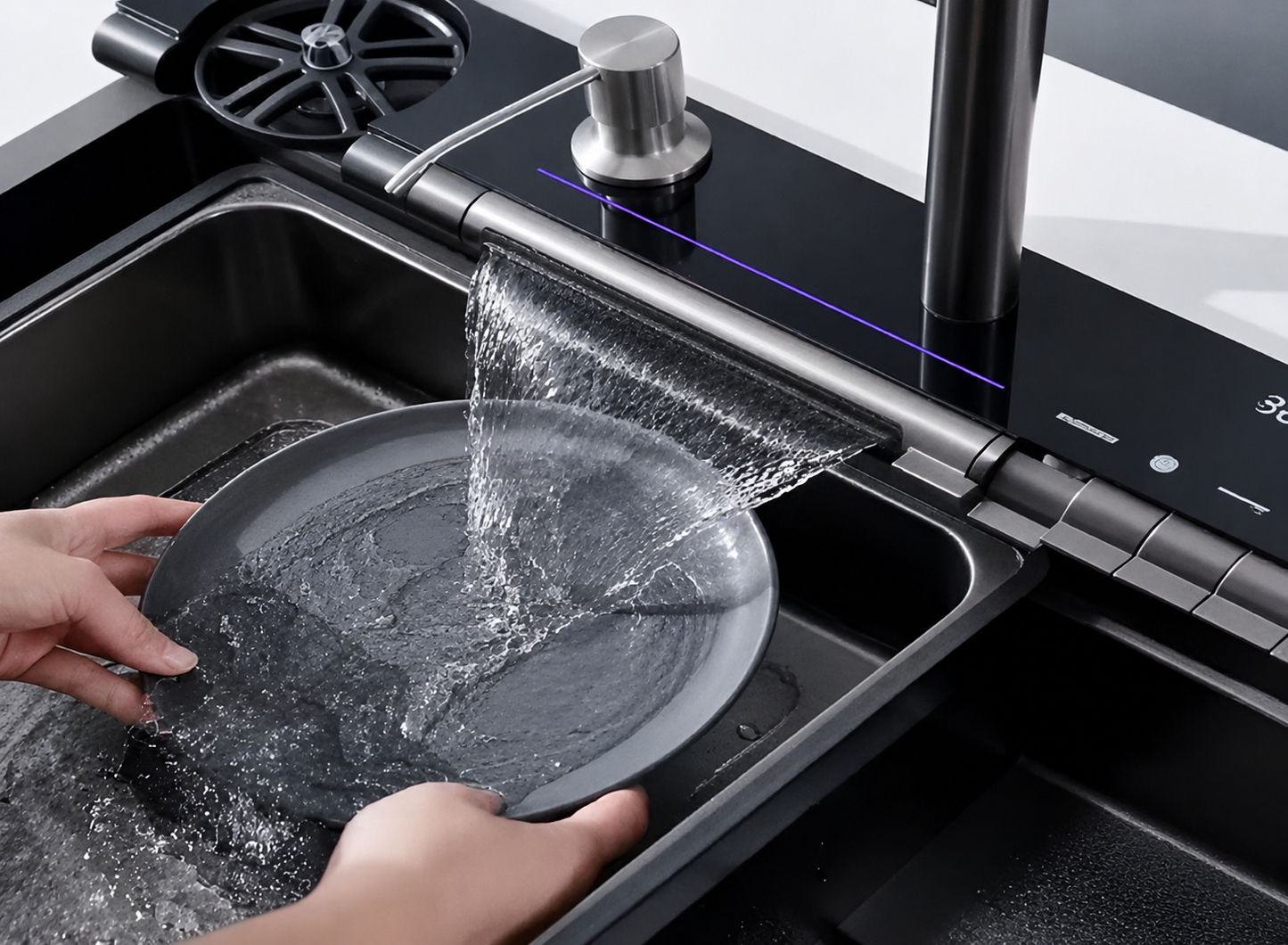 5 Button Up & Down Water Flow Kitchen Faucet with Waterfall & Digital Display JKS01004