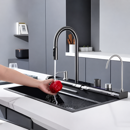 5 Button Up & Down Water Flow Kitchen Faucet with Waterfall & Digital Display JKS01004