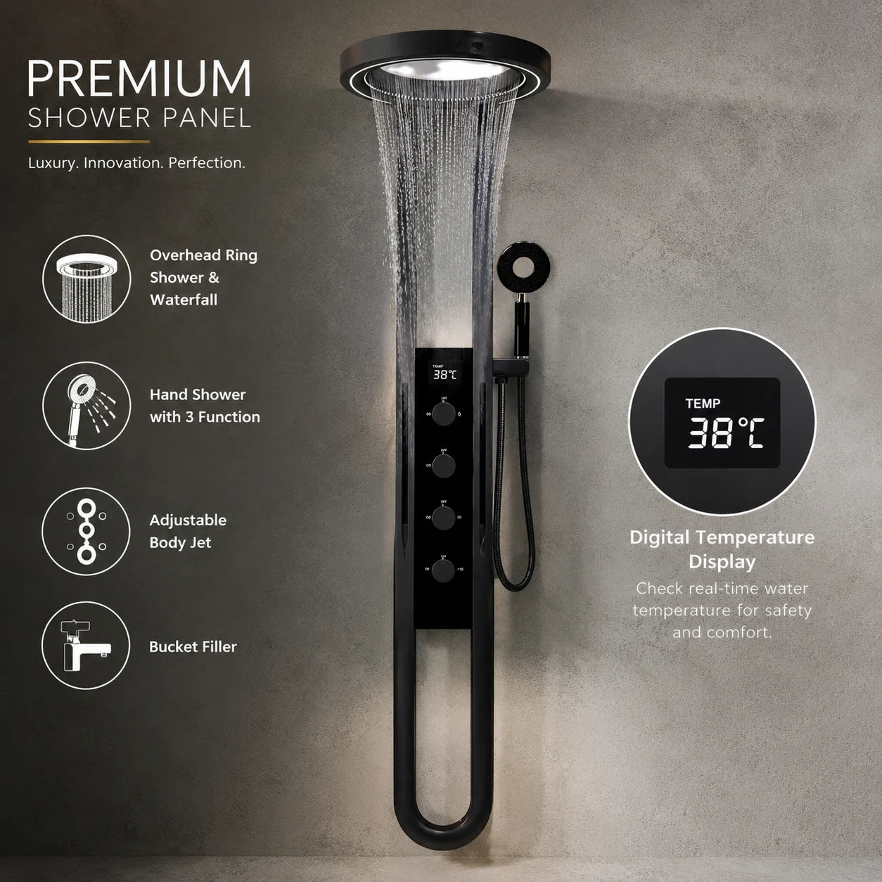 PRO Ring Waterfall 5-Function Shower Set with LED Display – JSS01013B