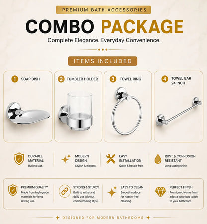 Premium Brass 4 Pcs Bathroom Accessories Combo Set