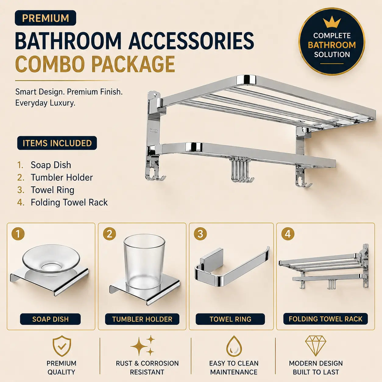 Towel Rack SS304 4 Pcs Bathroom Accessories Combo Set