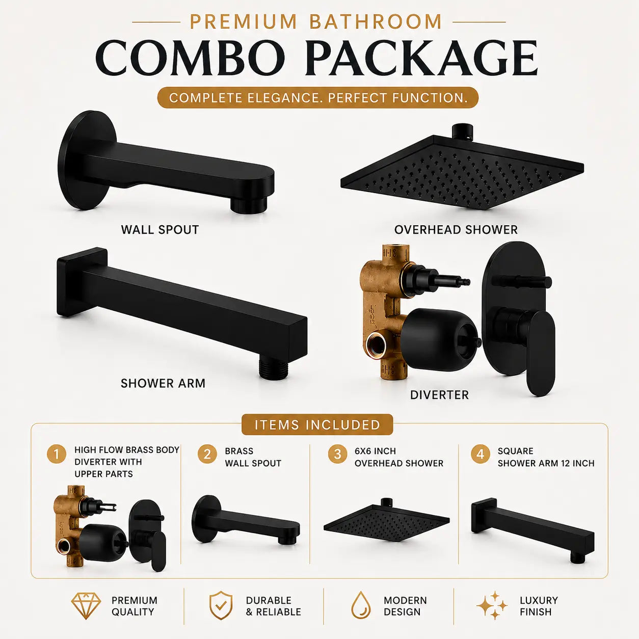 Black Shower Combo Set with Diverter & Spout
