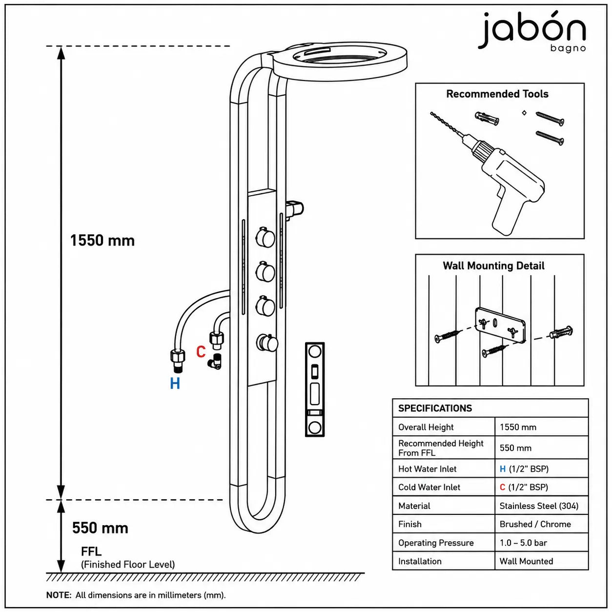 PRO Ring Waterfall 5-Function Shower Set with LED Display – JSS01013B