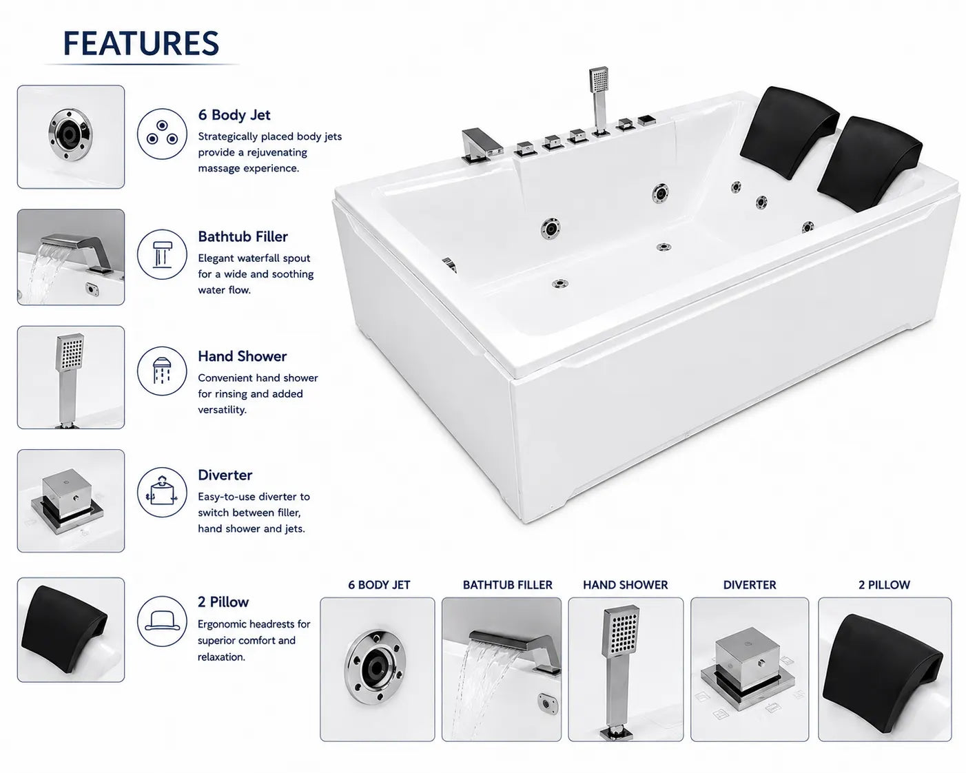 Luxury 2 Seater Jacuzzi Bathtub with 6 Body Jets & Hand Shower - JBT01035