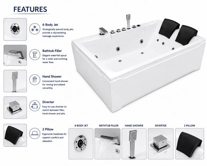 Luxury 2 Seater Jacuzzi Bathtub with 6 Body Jets & Hand Shower - JBT01035