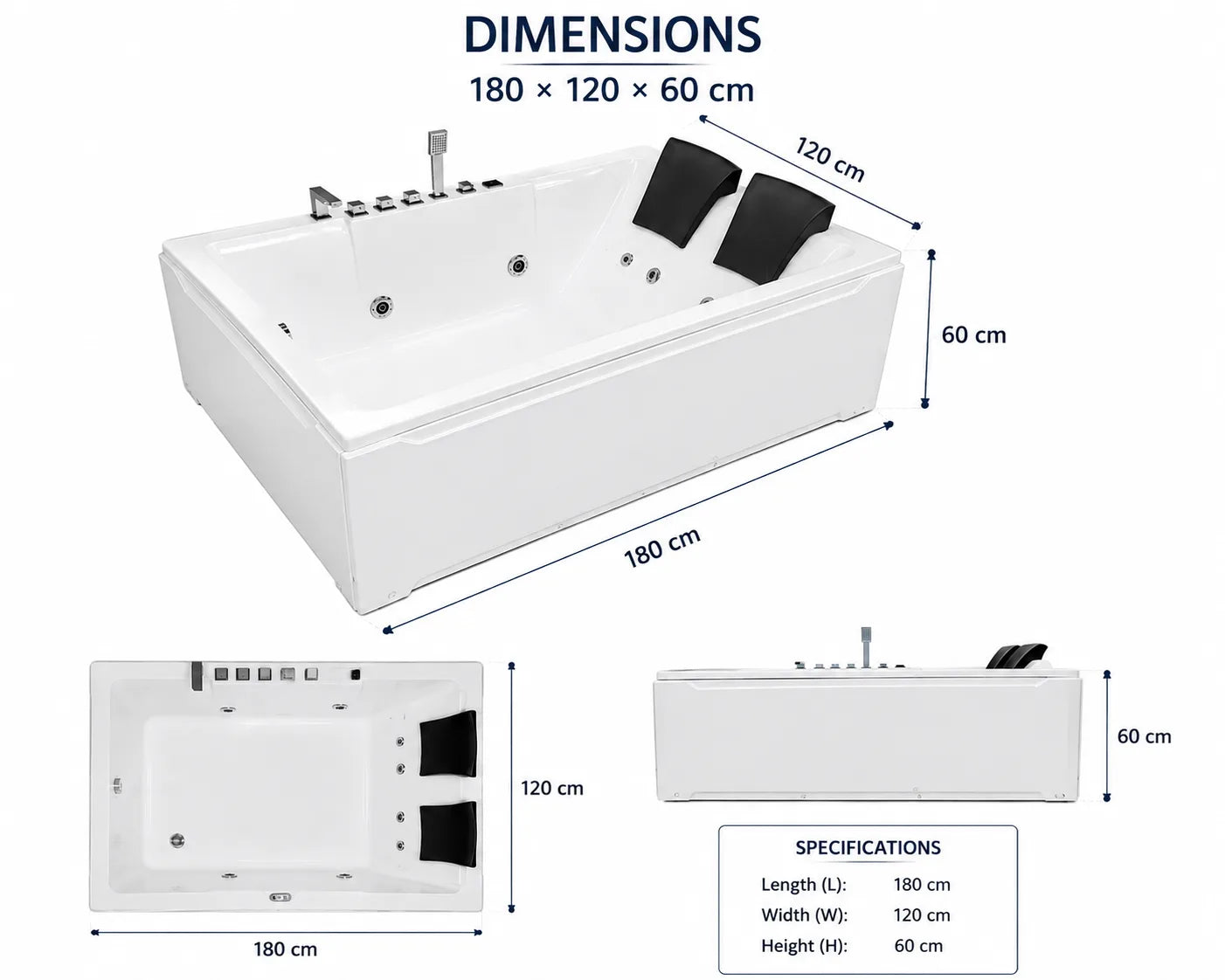 Luxury 2 Seater Jacuzzi Bathtub with 6 Body Jets & Hand Shower - JBT01035
