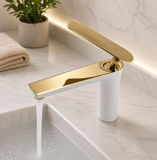 Single Lever Basin Mixture Short White & Gold JIF305