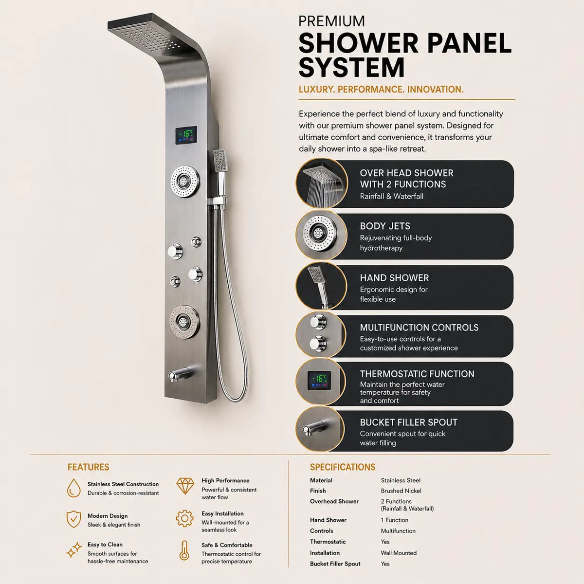 Black 304 steel 6 in 1 shower panel tower JSP01001B, alternate view