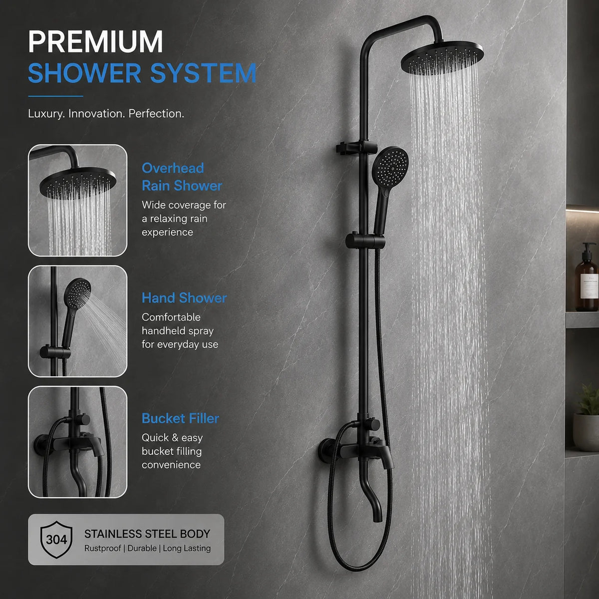 Stainless steel 3 function shower panel JSS01027, alternate view