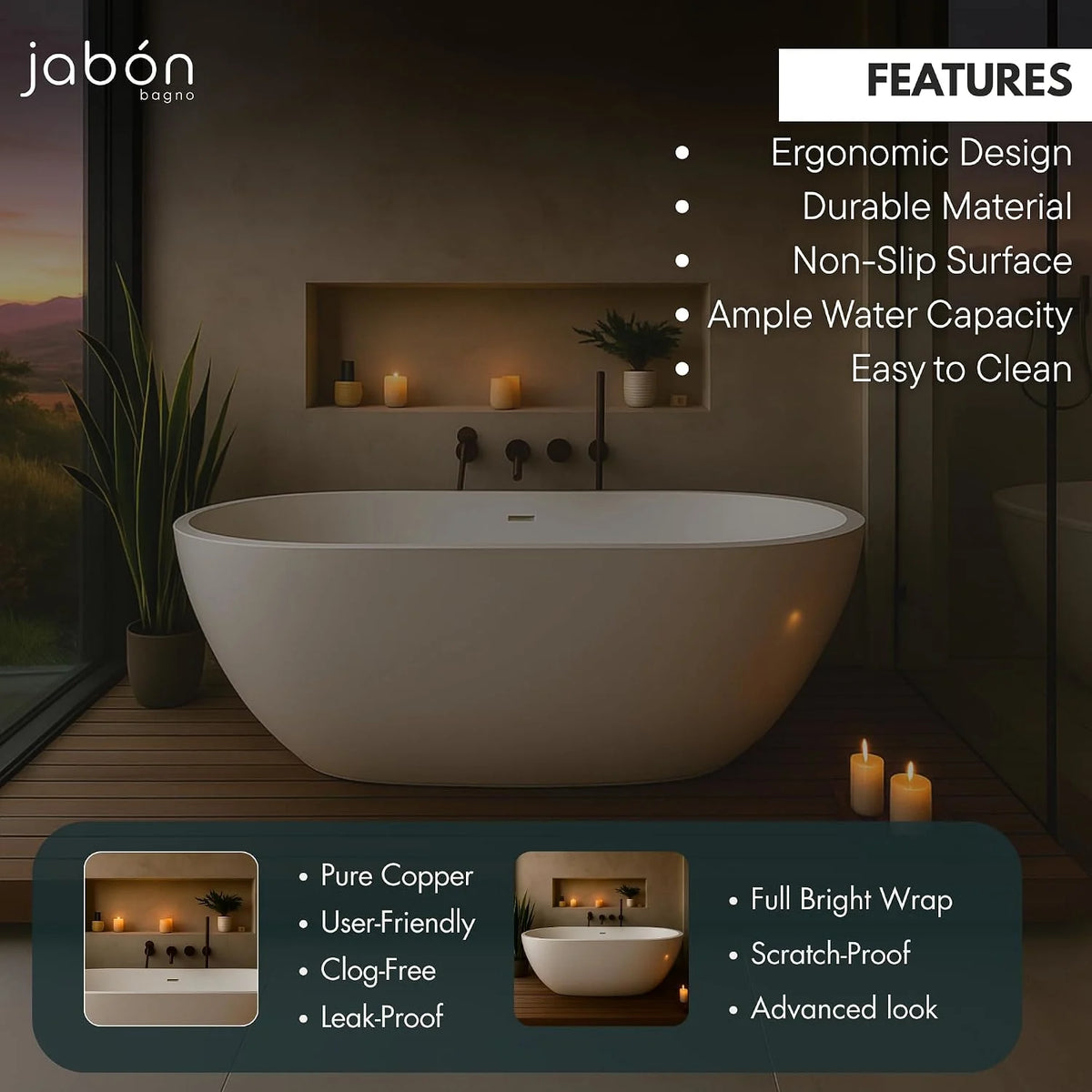 SATURN Freestanding Bathtub – White Glossy Acrylic, 150 & 170 cm | JBT01003P