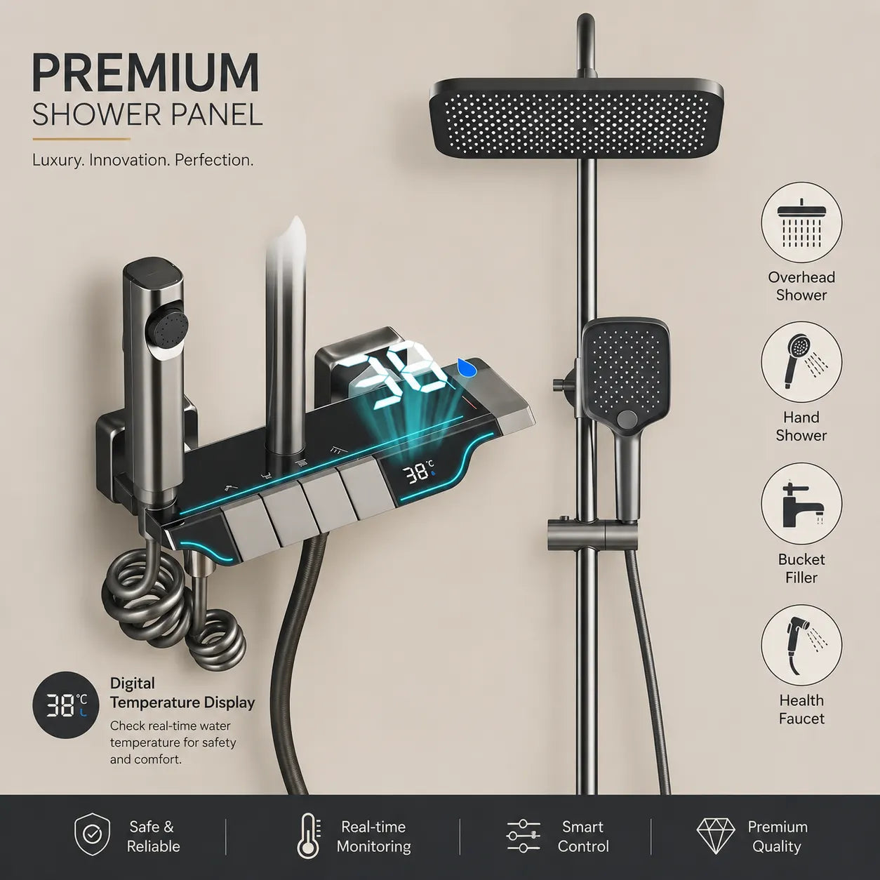 Premium 4-Function Shower Set with LED Display – JSS01028