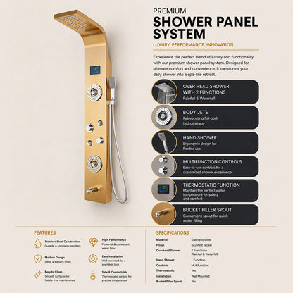 Gold 6-in-1 Shower Panel Tower System with Rainfall & Massage Jets JSP01001G