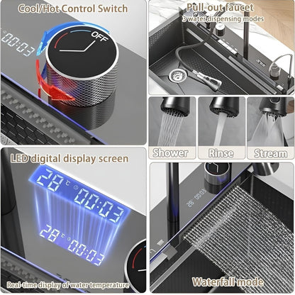 5 Button Piano Kitchen Sink with Waterfall Faucet & Digital Display – 30x18 Inch JKS01003